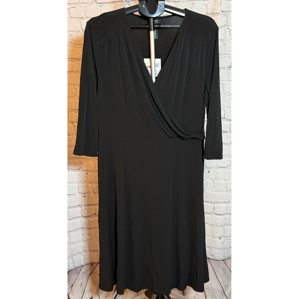 George Stretch Black Faux Wrap Dress Womens XL 16/18 V-Neck 3/4 Sleeve NWT